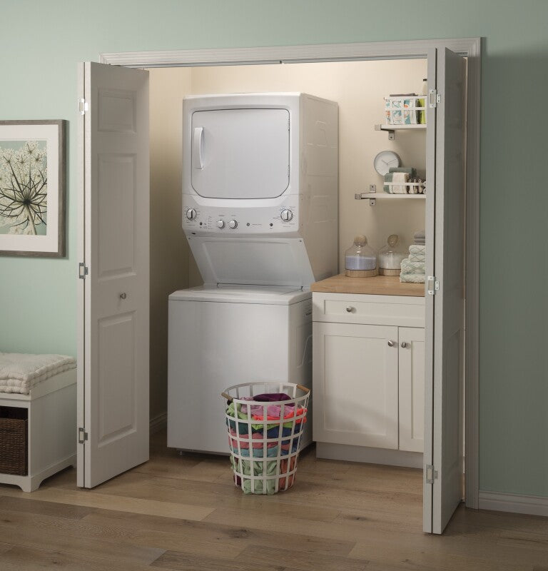 GE  Unitized Spacemaker 3.8 cu. ft. Capacity Washer with Stainless Steel Basket and 5.9 cu. ft. Capacity Electric Dryer - White on White (GUD27ESSMWW)