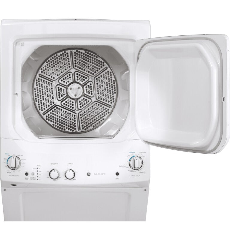 GE  Unitized Spacemaker 3.8 cu. ft. Capacity Washer with Stainless Steel Basket and 5.9 cu. ft. Capacity Gas Dryer - White on White (GUD27GSSMWW)