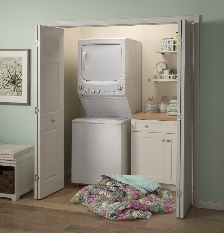 GE  Unitized Spacemaker 3.8 cu. ft. Capacity Washer with Stainless Steel Basket and 5.9 cu. ft. Capacity Gas Dryer - White on White (GUD27GSSMWW)