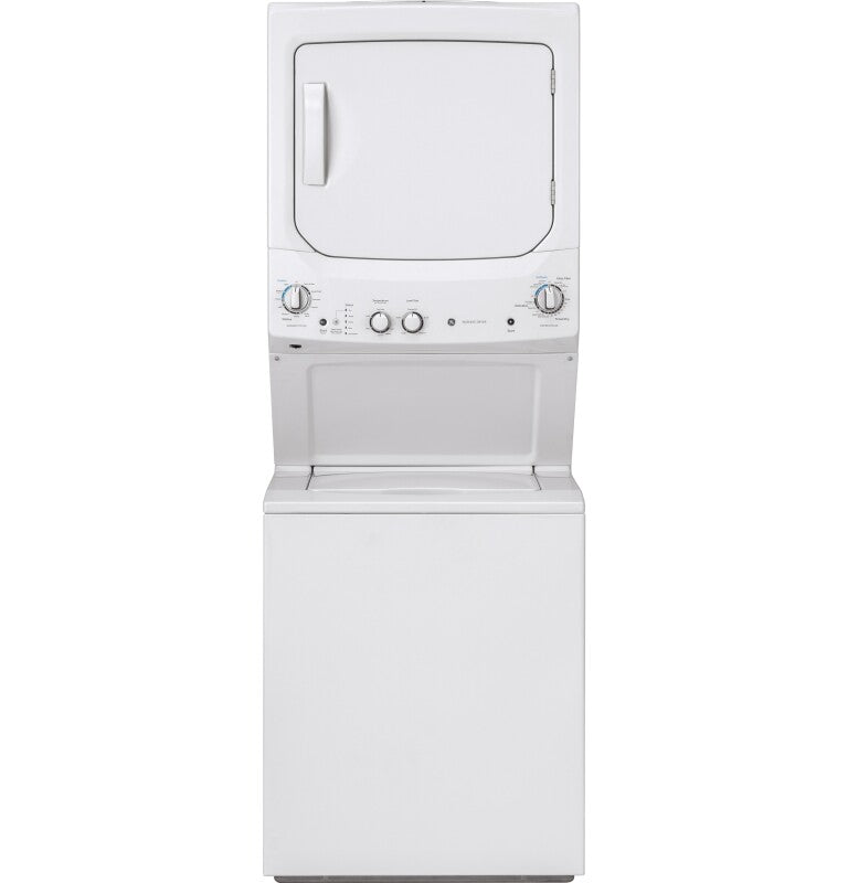 GE  Unitized Spacemaker 3.8 cu. ft. Capacity Washer with Stainless Steel Basket and 5.9 cu. ft. Capacity Long Vent Electric Dryer - White on White (GUV27ESSMWW)