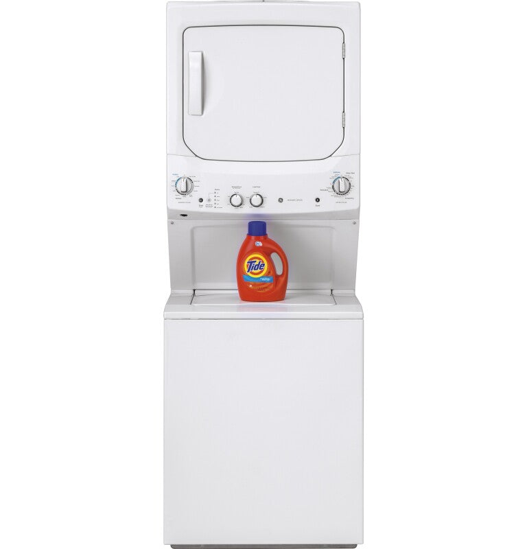 GE  Unitized Spacemaker 3.8 cu. ft. Capacity Washer with Stainless Steel Basket and 5.9 cu. ft. Capacity Long Vent Electric Dryer - White on White (GUV27ESSMWW)