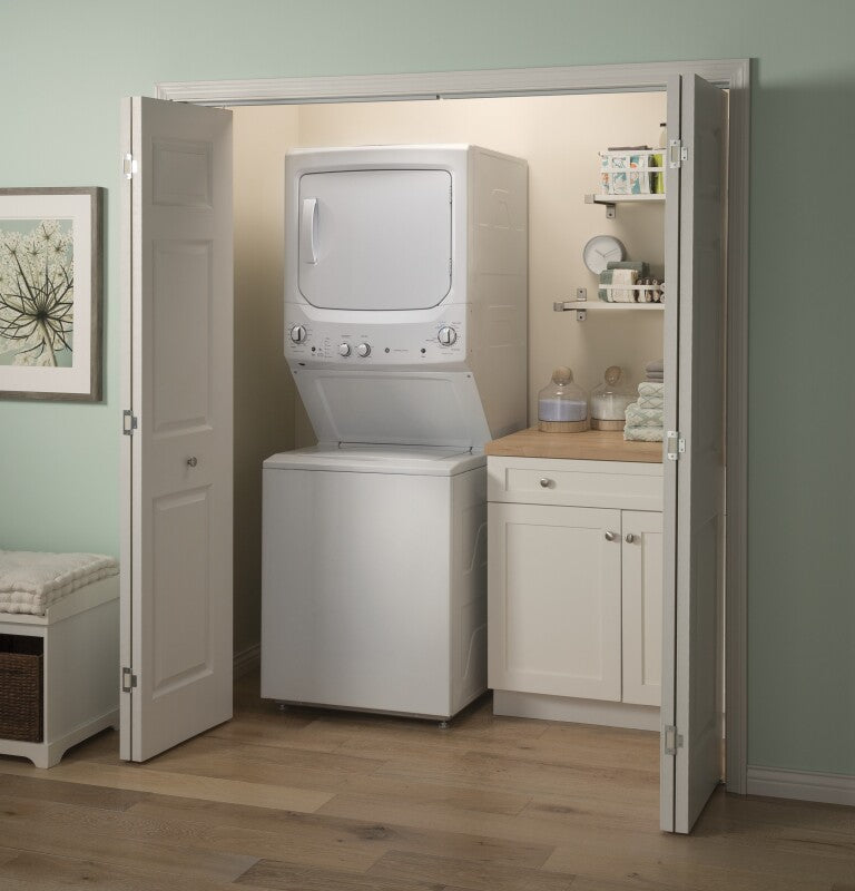 GE  Unitized Spacemaker 3.8 cu. ft. Capacity Washer with Stainless Steel Basket and 5.9 cu. ft. Capacity Long Vent Electric Dryer - White on White (GUV27ESSMWW)