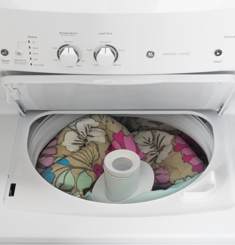 GE  Unitized Spacemaker 3.8 cu. ft. Capacity Washer with Stainless Steel Basket and 5.9 cu. ft. Capacity Long Vent Electric Dryer - White on White (GUV27ESSMWW)