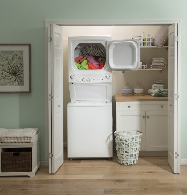 GE  Unitized Spacemaker 3.8 cu. ft. Capacity Washer with Stainless Steel Basket and 5.9 cu. ft. Capacity Long Vent Electric Dryer - White on White (GUV27ESSMWW)