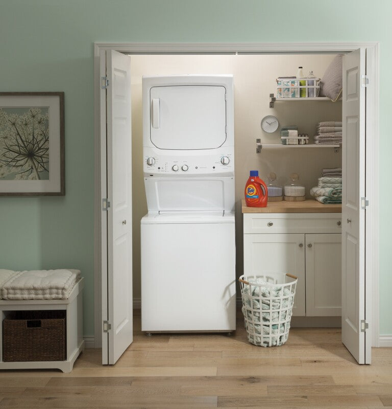 GE  Unitized Spacemaker 3.8 cu. ft. Capacity Washer with Stainless Steel Basket and 5.9 cu. ft. Capacity Long Vent Electric Dryer - White on White (GUV27ESSMWW)