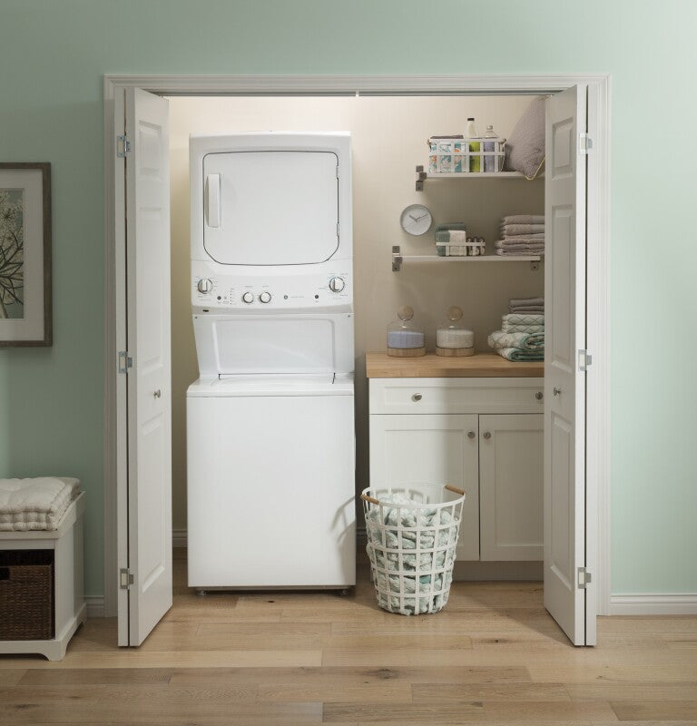 GE  Unitized Spacemaker 3.8 cu. ft. Capacity Washer with Stainless Steel Basket and 5.9 cu. ft. Capacity Long Vent Electric Dryer - White on White (GUV27ESSMWW)