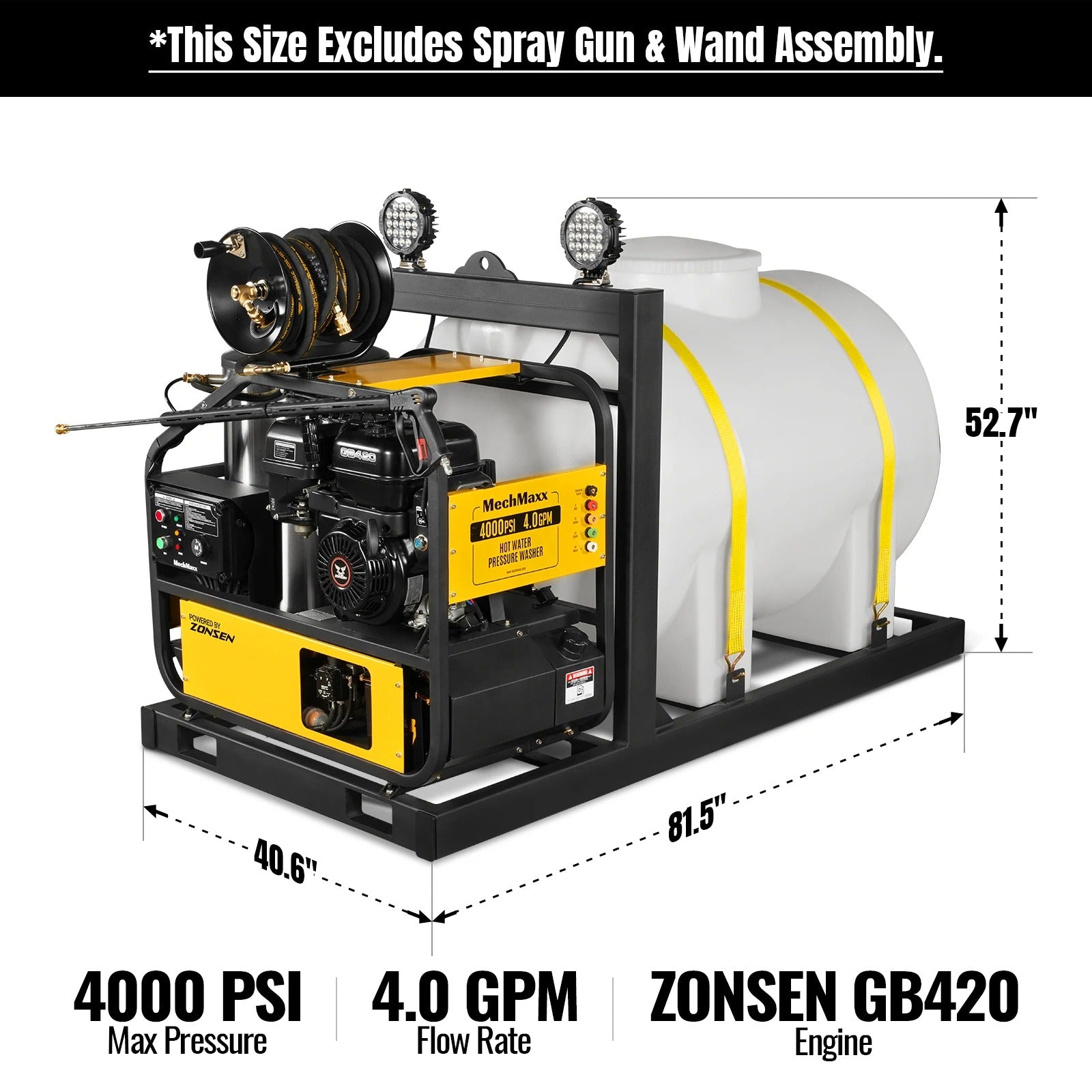 4000 PSI 4 GPM ZONSEN E-Start Engine Hot Water Pressure Washer Skid Mounted with 245 Gal Tank,  HPW40DBT
