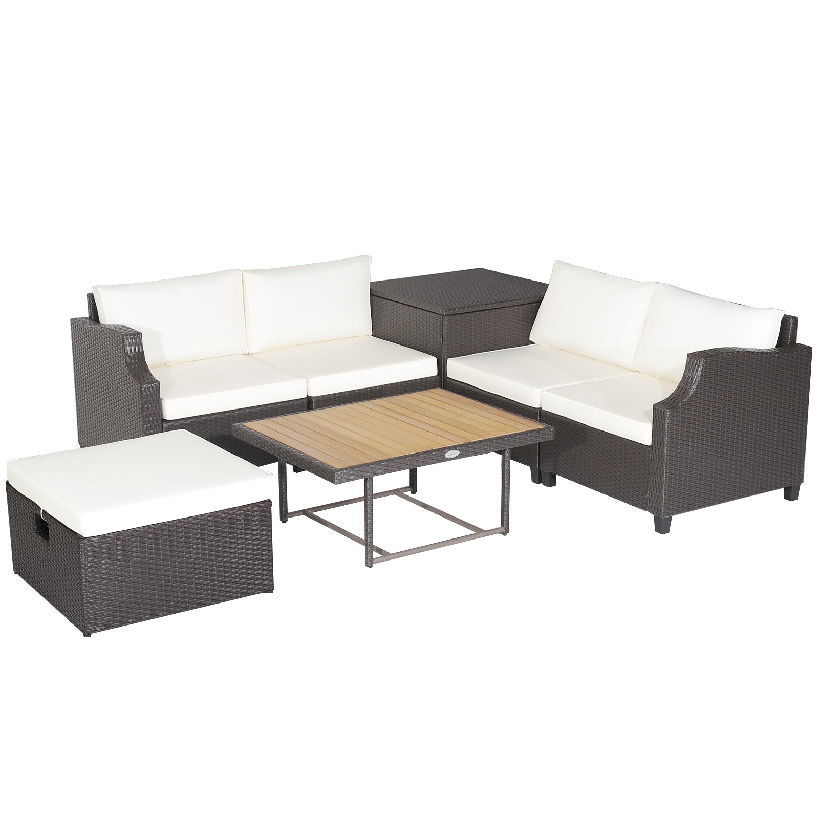Costway 7-Pc Hand-Woven Wicker Outdoor Patio Sofa Furniture Set w/ Acacia Wood Coffee Table White 48921537 New