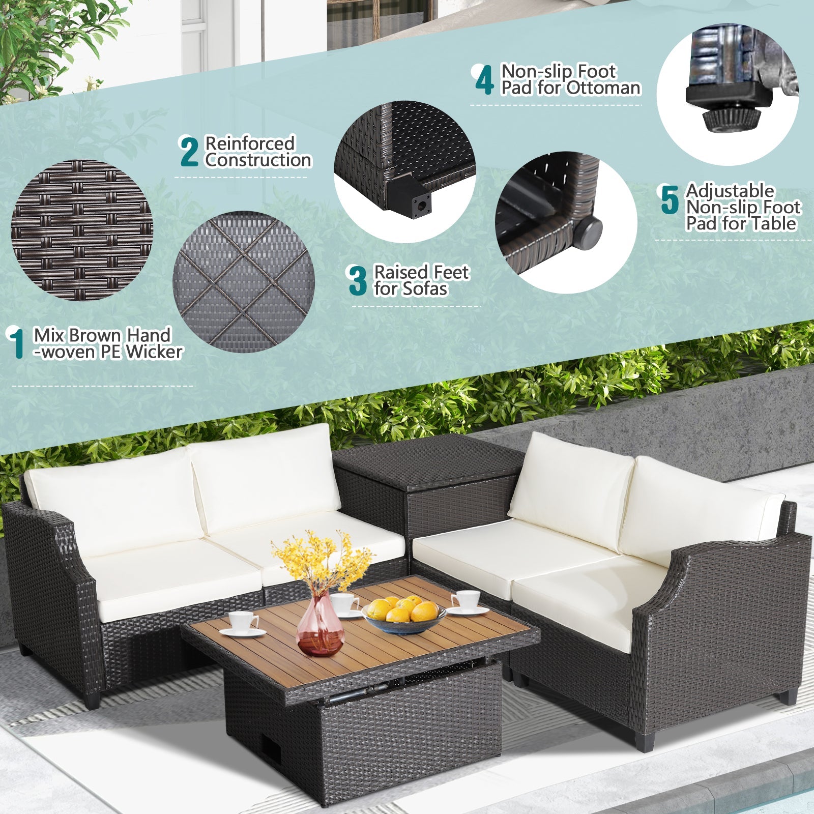 Costway 7-Pc Hand-Woven Wicker Outdoor Patio Sofa Furniture Set w/ Acacia Wood Coffee Table White 48921537 New