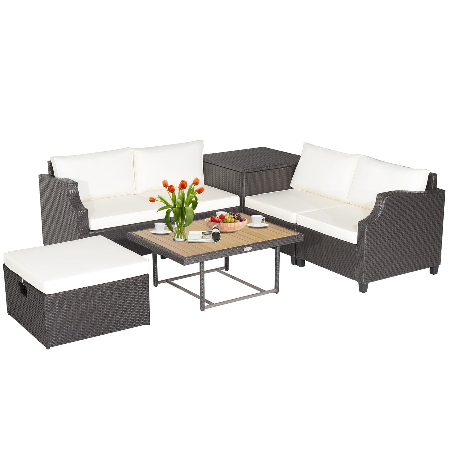 Costway 7-Pc Hand-Woven Wicker Outdoor Patio Sofa Furniture Set w/ Acacia Wood Coffee Table White 48921537 New