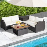 Costway 7-Pc Hand-Woven Wicker Outdoor Patio Sofa Furniture Set w/ Acacia Wood Coffee Table White 48921537 New