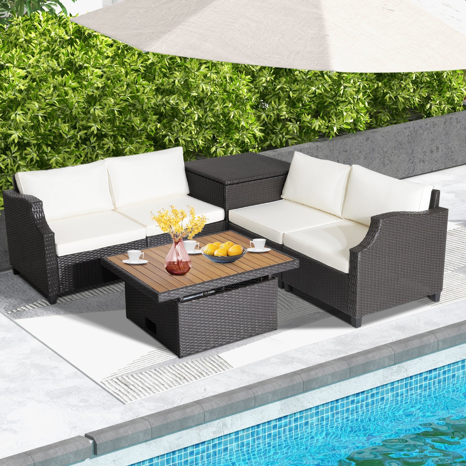 Costway 7-Pc Hand-Woven Wicker Outdoor Patio Sofa Furniture Set w/ Acacia Wood Coffee Table White 48921537 New