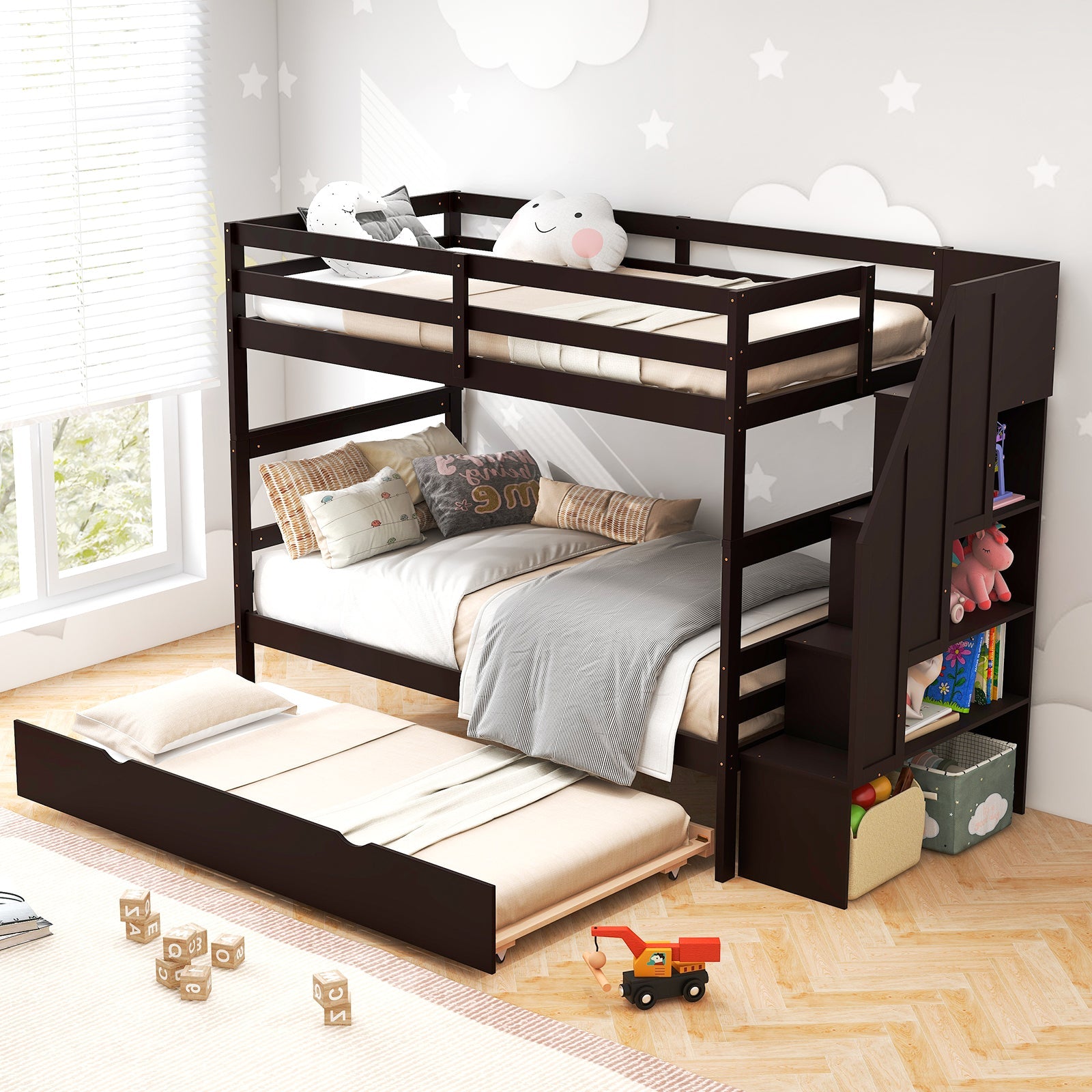 Costway Wood Bunk Bed w/ Guard Rail & 4-Step Storage Stairs Gray 26479583 New