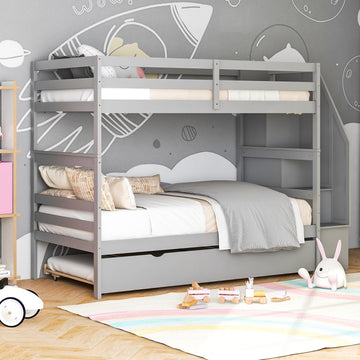 Costway Wood Bunk Bed w/ Guard Rail & 4-Step Storage Stairs Gray 26479583 New