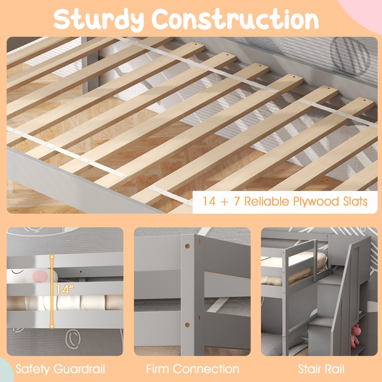 Costway Wood Bunk Bed w/ Guard Rail & 4-Step Storage Stairs Gray 26479583 New