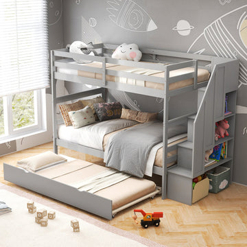 Costway Wood Bunk Bed w/ Guard Rail & 4-Step Storage Stairs Gray 26479583 New