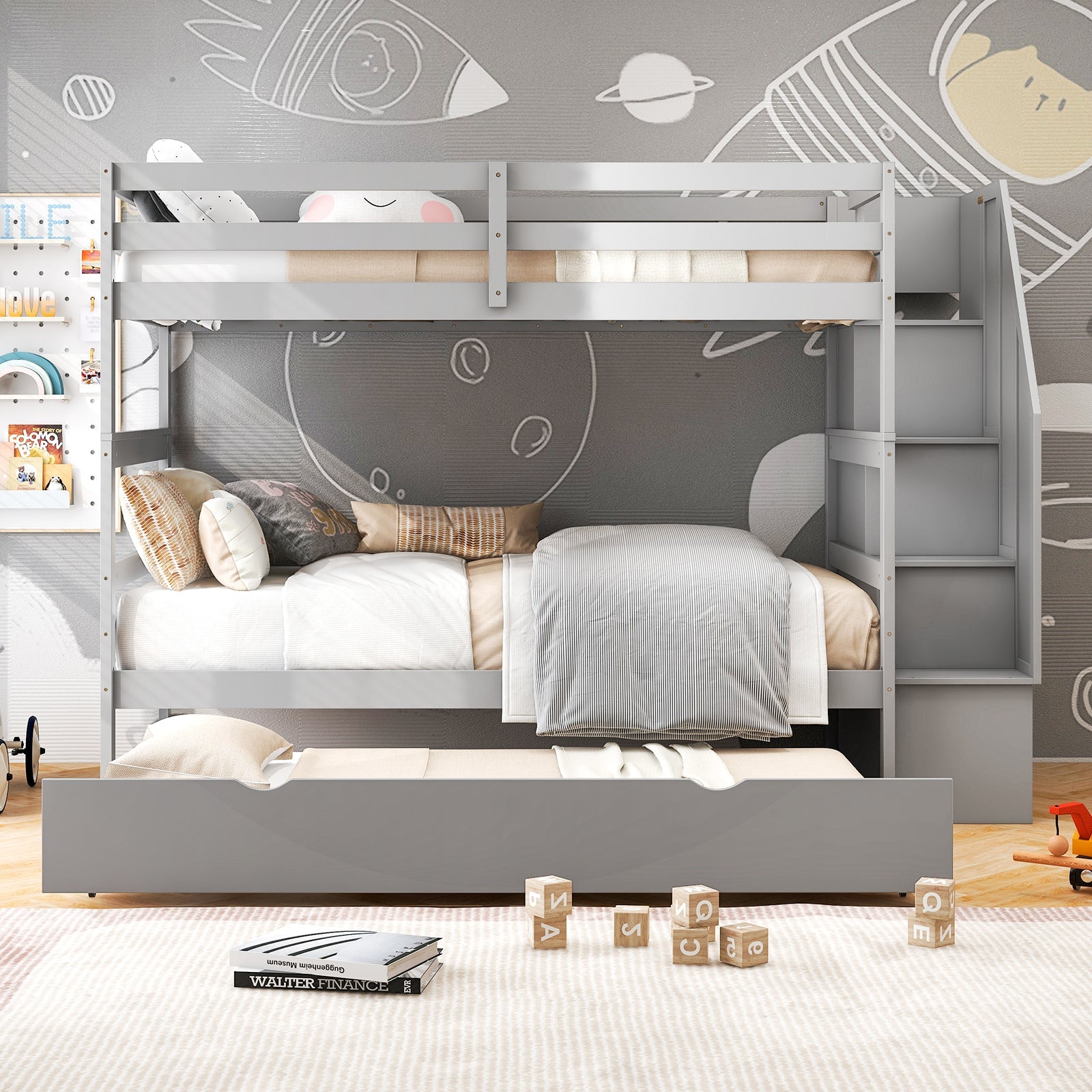 Costway Wood Bunk Bed w/ Guard Rail & 4-Step Storage Stairs Gray 26479583 New