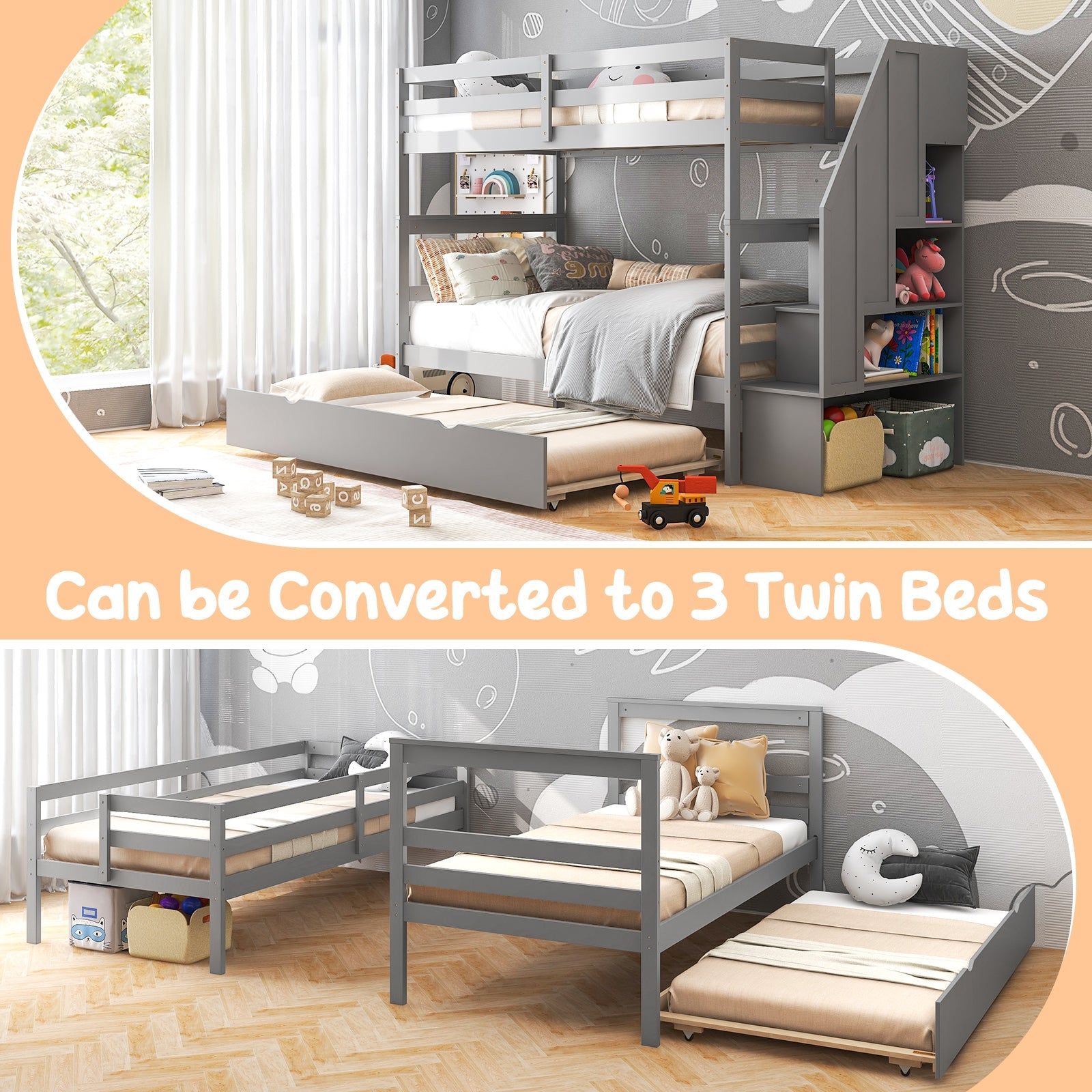 Costway Wood Bunk Bed w/ Guard Rail & 4-Step Storage Stairs Gray 26479583 New