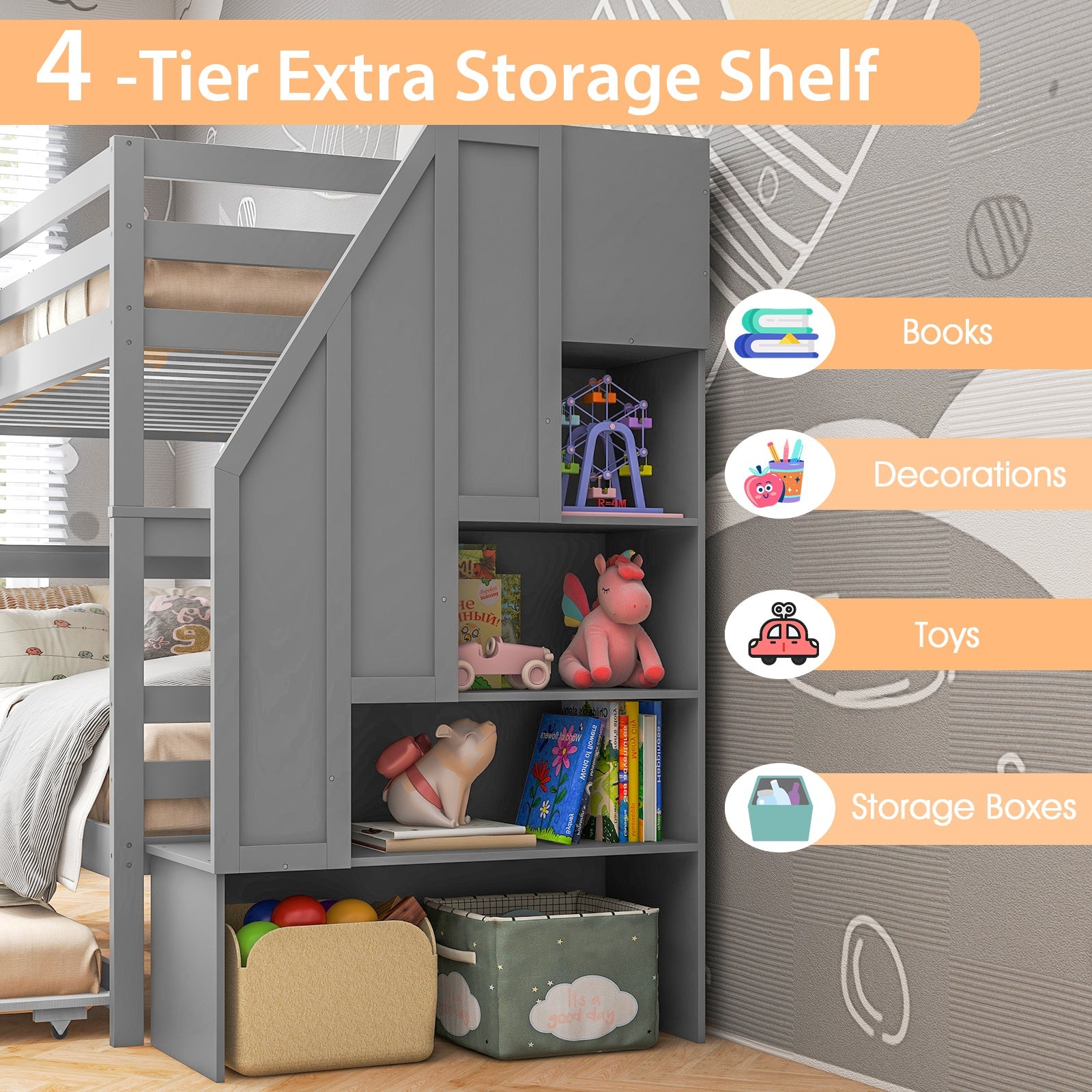 Costway Wood Bunk Bed w/ Guard Rail & 4-Step Storage Stairs Gray 26479583 New
