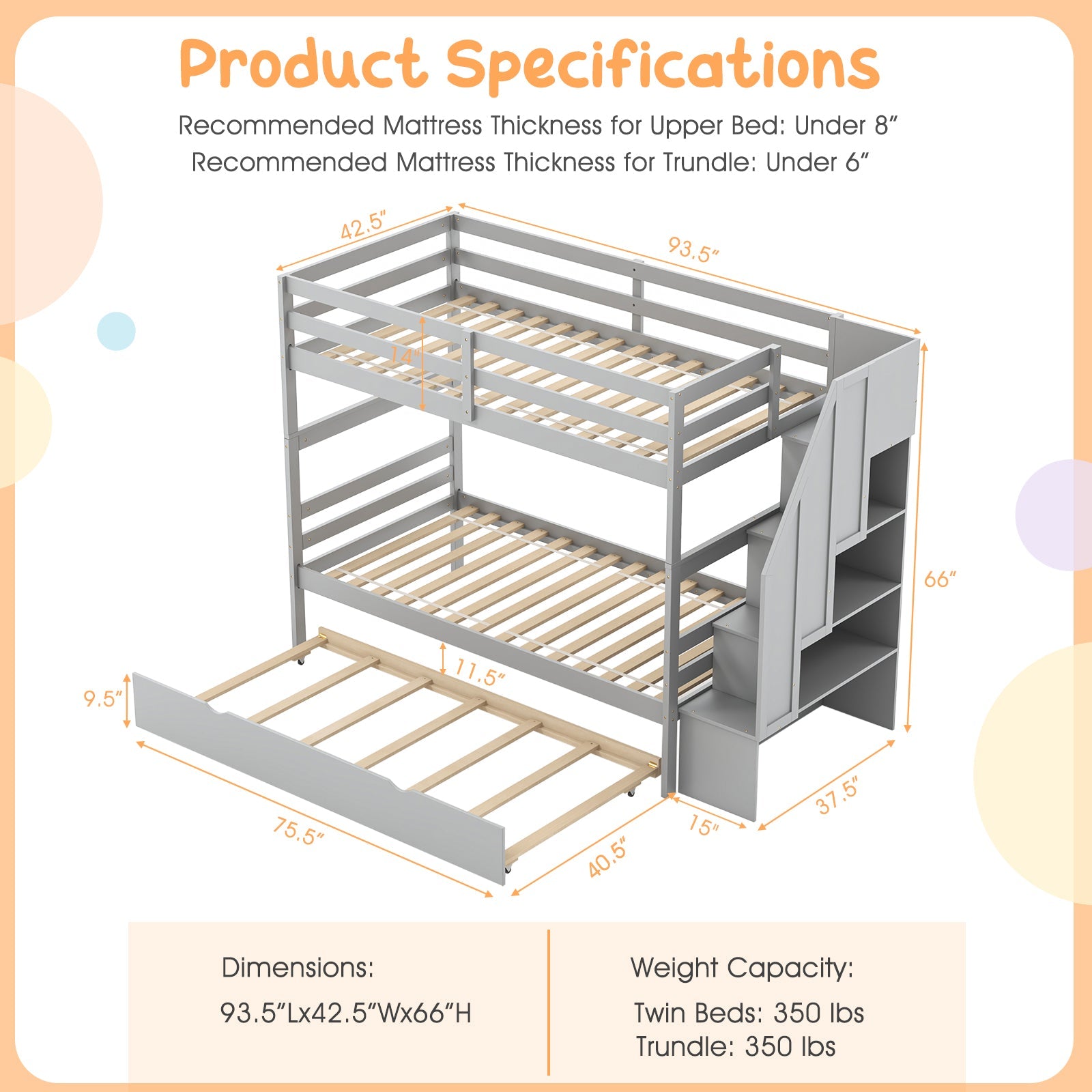 Costway Wood Bunk Bed w/ Guard Rail & 4-Step Storage Stairs Gray 26479583 New