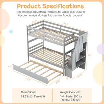 Costway Wood Bunk Bed w/ Guard Rail & 4-Step Storage Stairs Gray 26479583 New