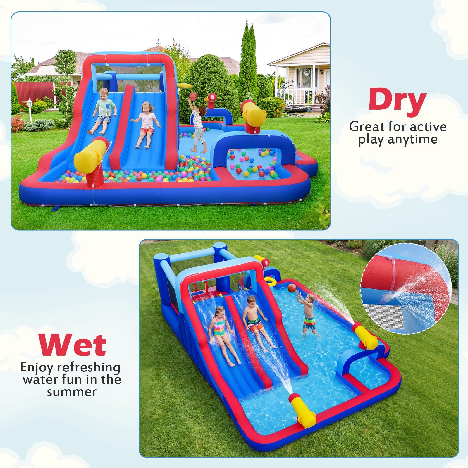 Costway Inflatable Bounce House Water Park 2 Slides 3 Cannons 680W Blower 26853149 New