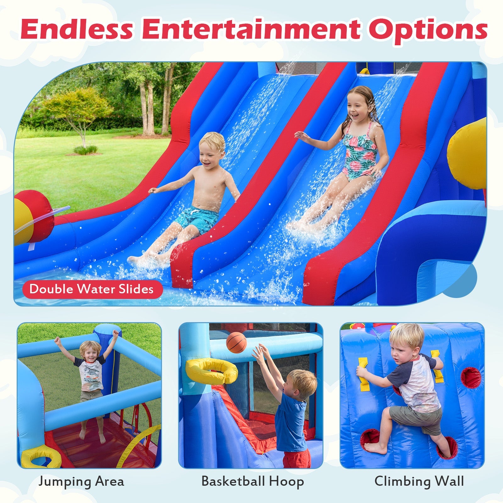 Costway Inflatable Bounce House Water Park 2 Slides 3 Cannons 680W Blower 26853149 New
