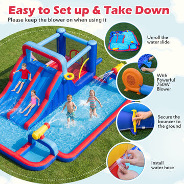 Costway Inflatable Bounce House Water Park 2 Slides 3 Cannons 680W Blower 26853149 New