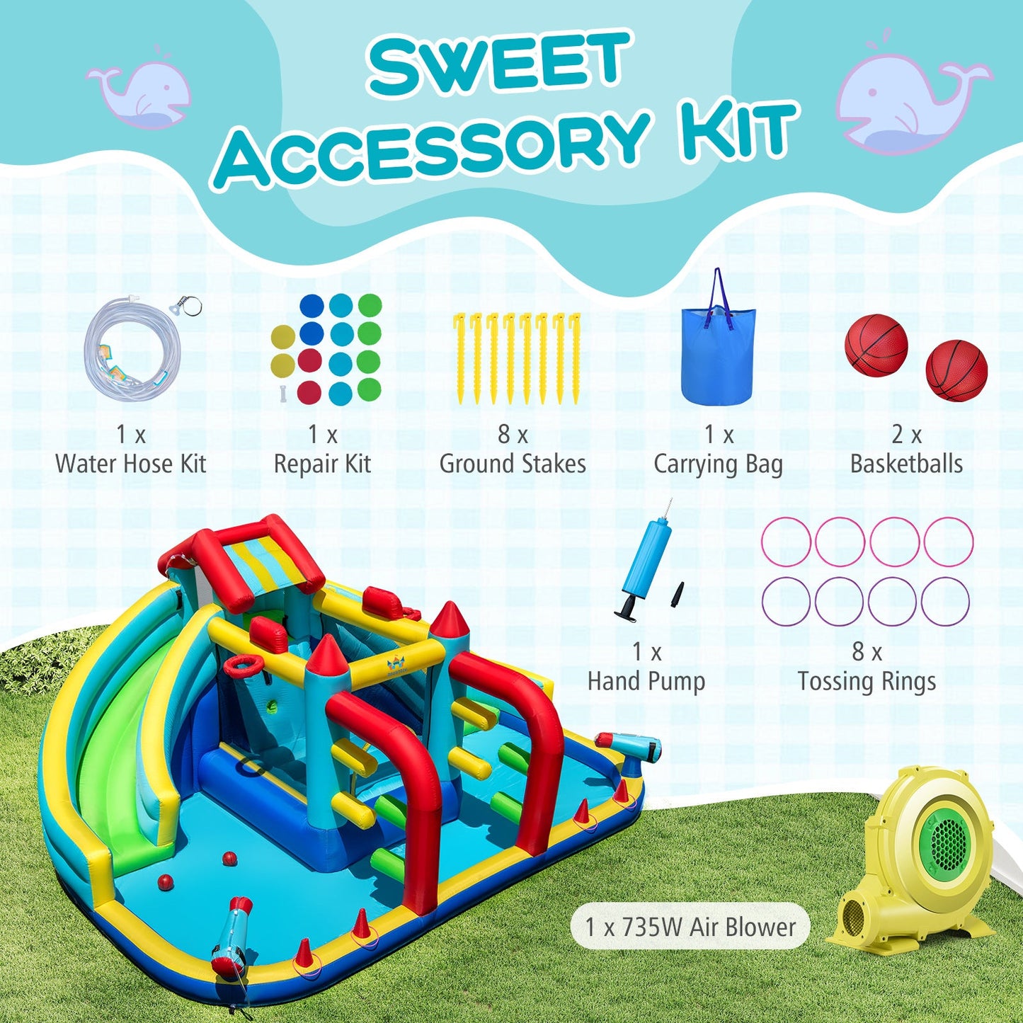 Costway Inflatable Double Water Slide Park Obstacle Course w/ 735W Blower 36077605 New