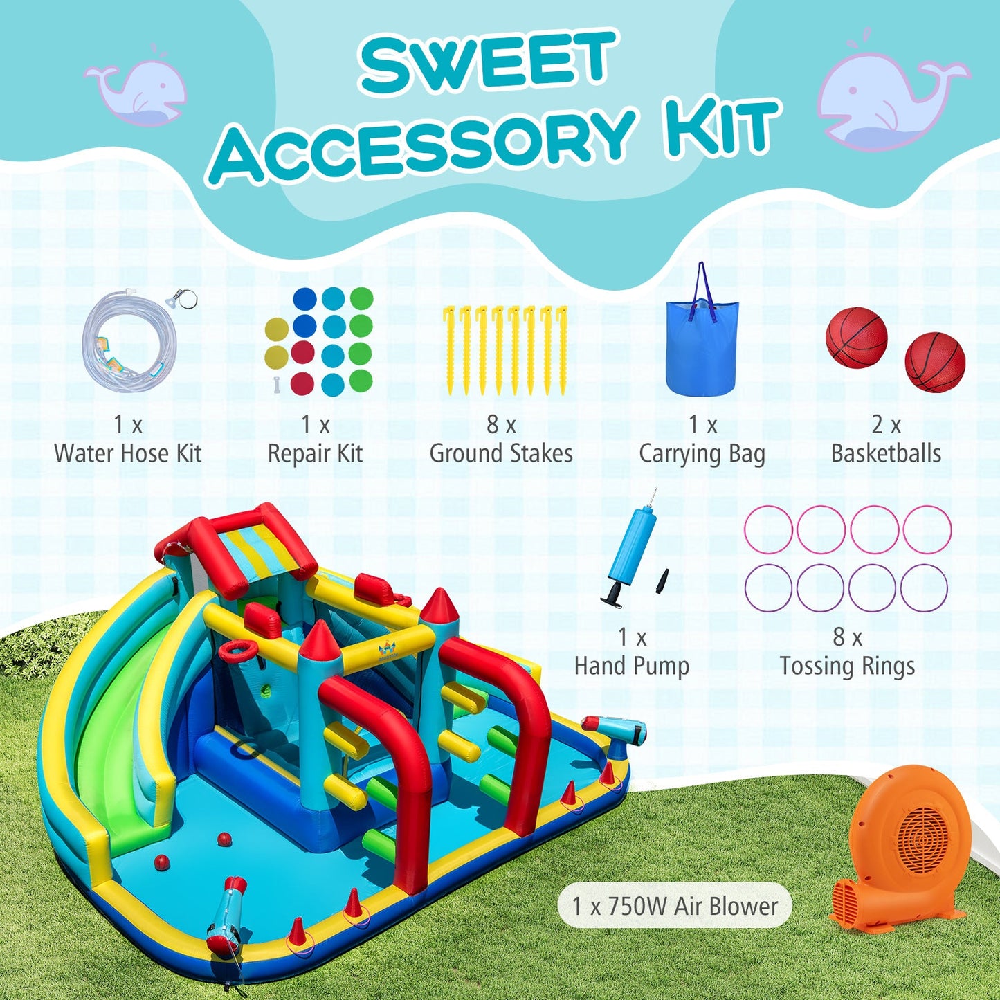Costway Inflatable Double Water Slide Park w/ 750W Blower Obstacle Course 23155331 New