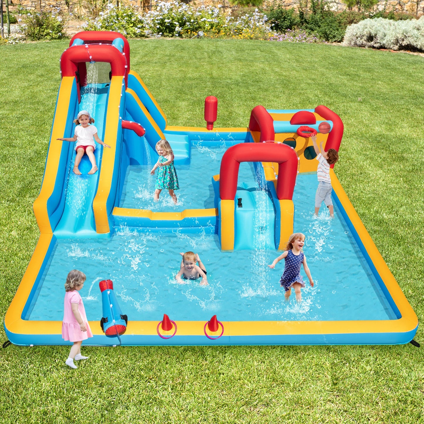 Costway 9-in-1 Inflatable Double Water Slide Park Bounce House w/ 750W Blower 723958164 New