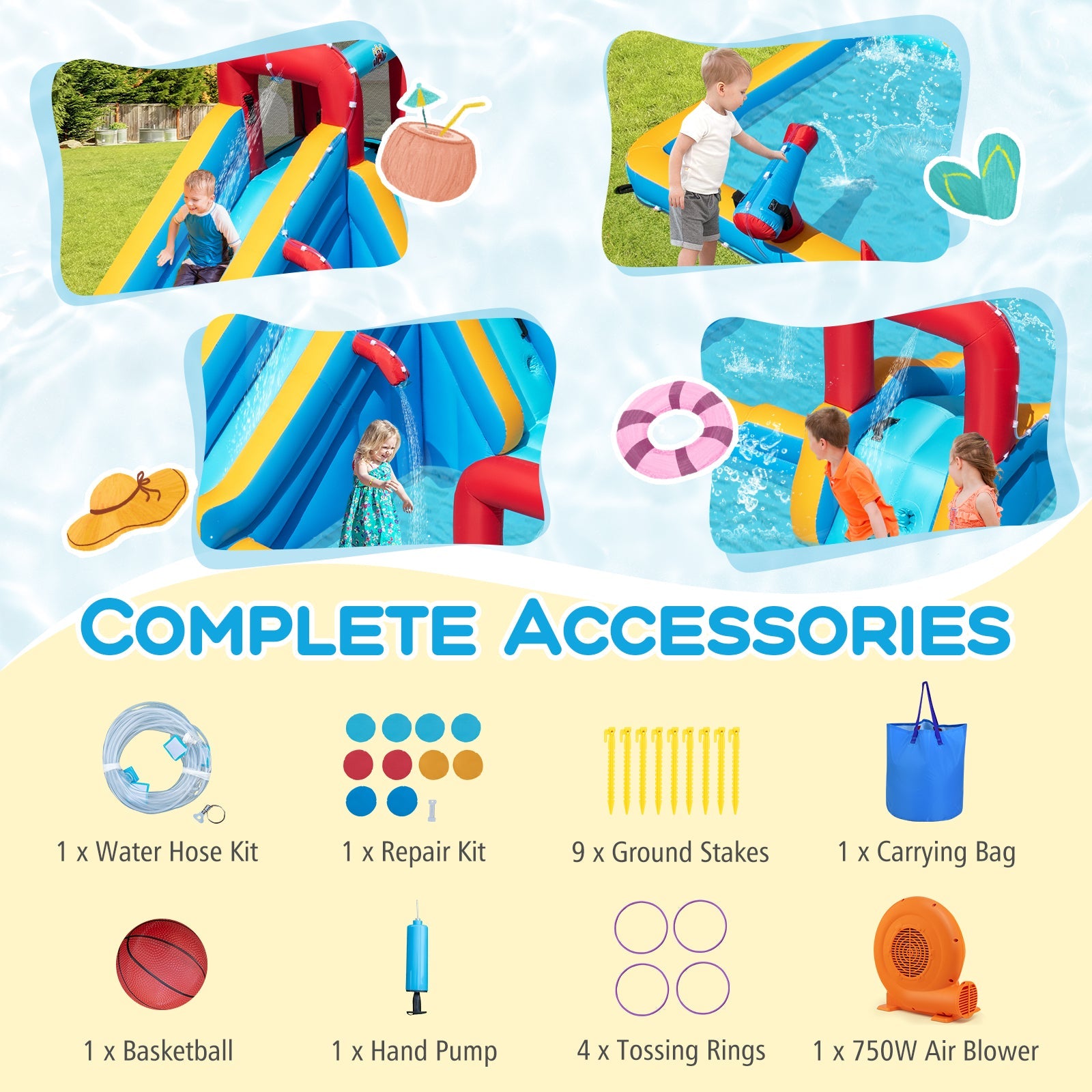 Costway 9-in-1 Inflatable Double Water Slide Park Bounce House w/ 750W Blower 723958164 New