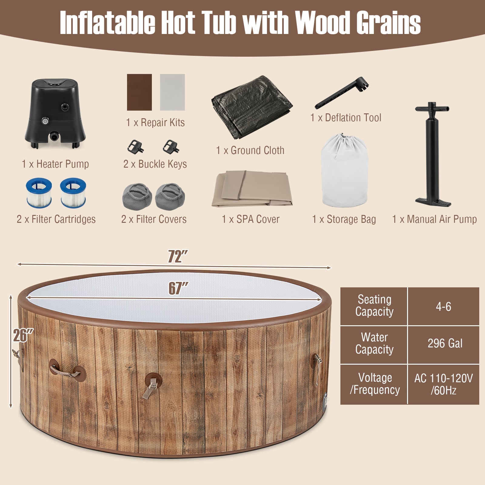 Costway 72" Inflatable Hot Tub Spa w/ 120 Air Jets Heater Pump 4-6 Person 41623857 New