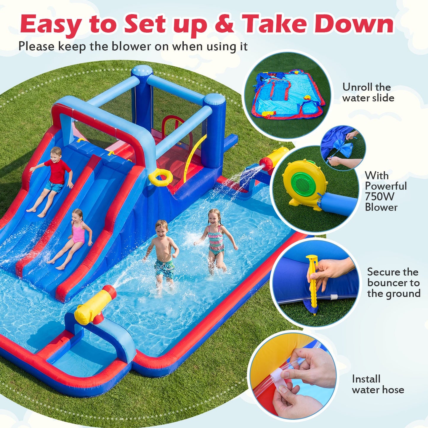 Costway Inflatable Water Slide Park Bounce House Double Slides 750W Blower 46772141 New