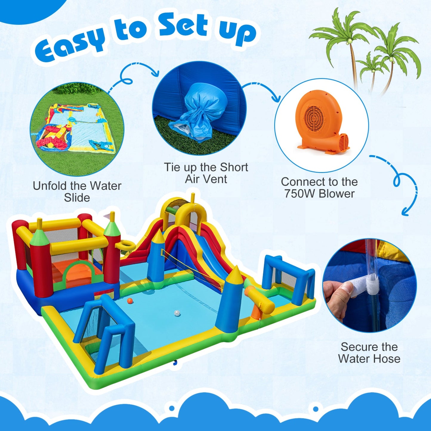 Costway 9-in-1 Inflatable Water Slide Bounce House w/ 750W Blower 76365037 New