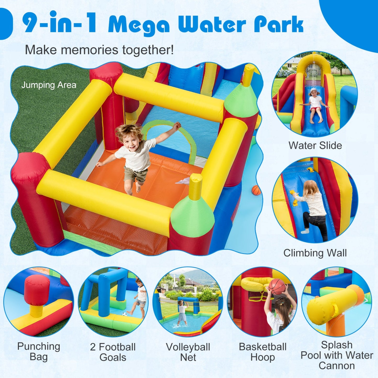 Costway 9-in-1 Inflatable Water Slide Bounce House w/ 780W Blower 70270949 New