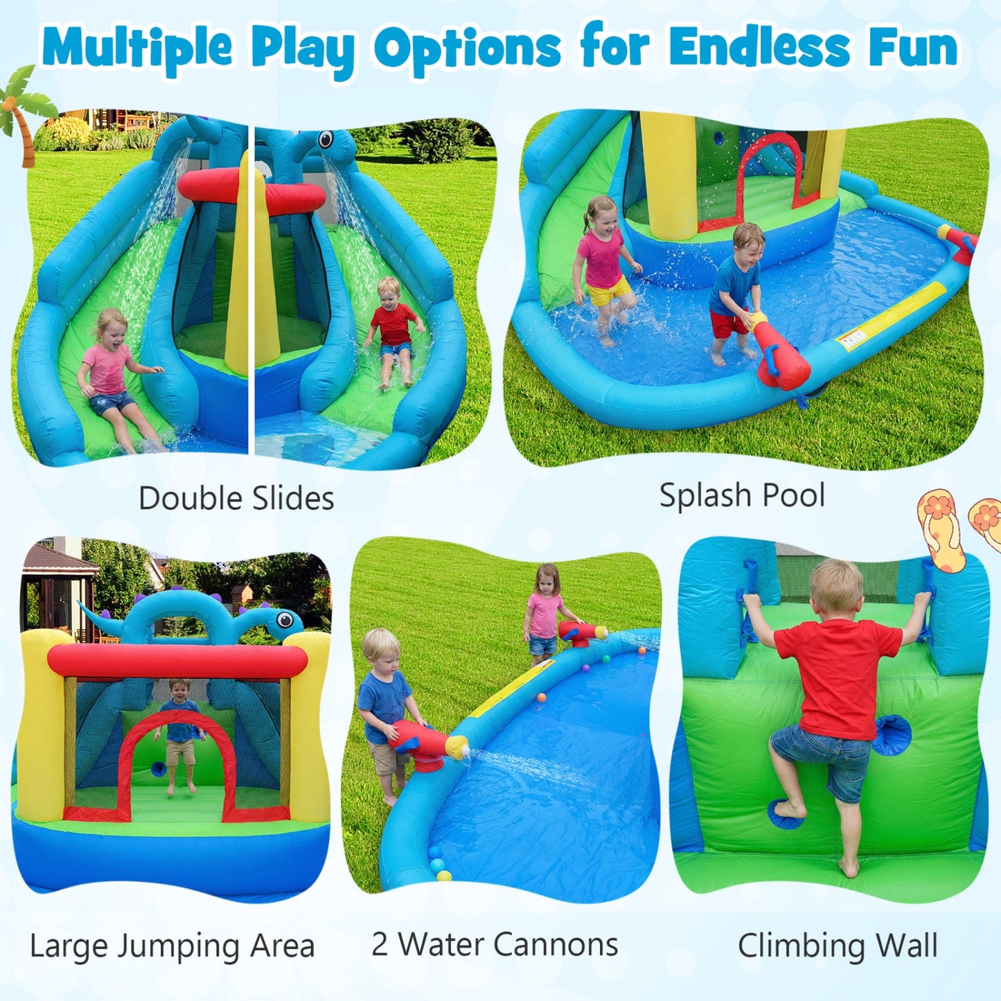 Costway Dinosaur Kids Inflatable Bounce House Water Park Double Slides 750W Blower 88214674 New