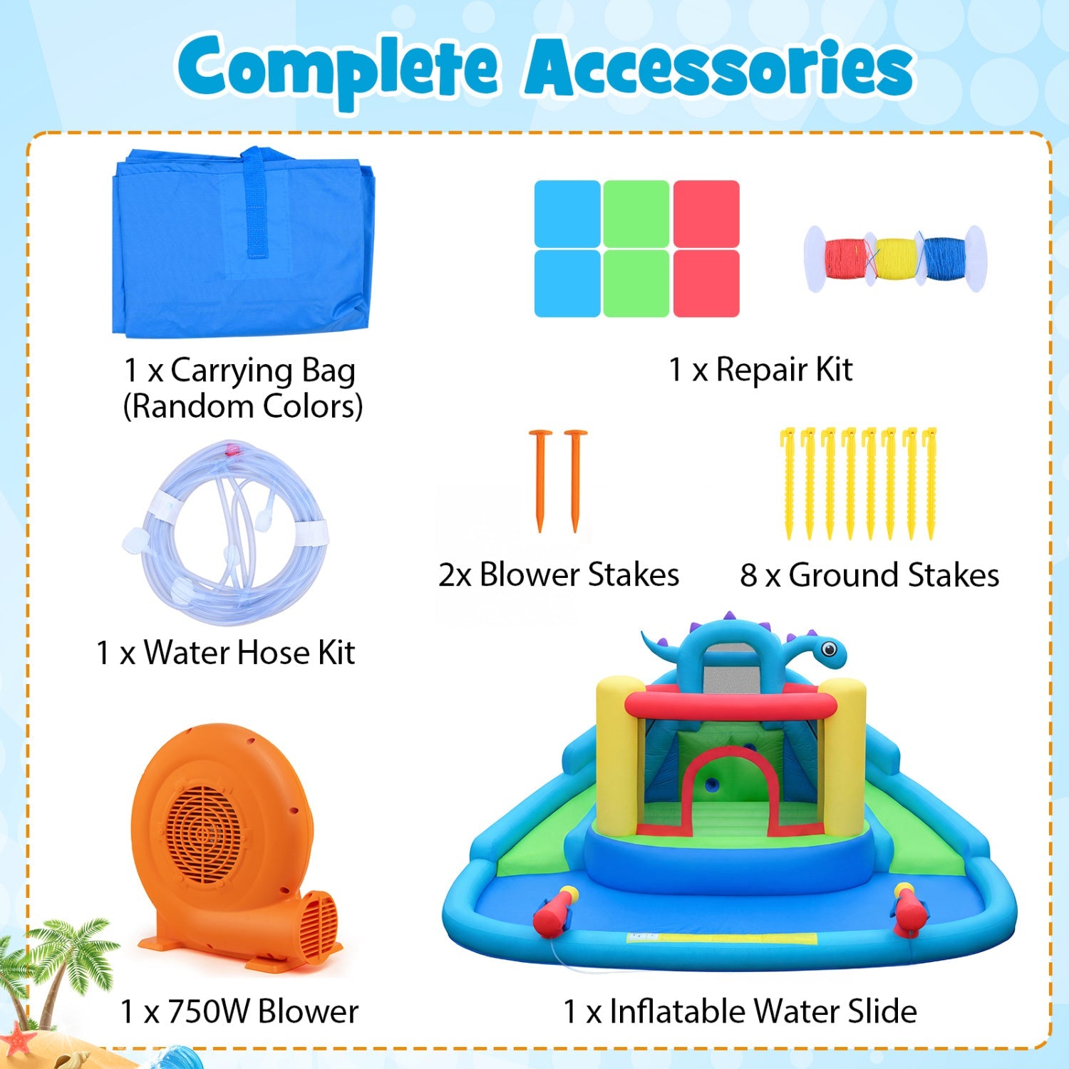 Costway Dinosaur Kids Inflatable Bounce House Water Park Double Slides 750W Blower 88214674 New