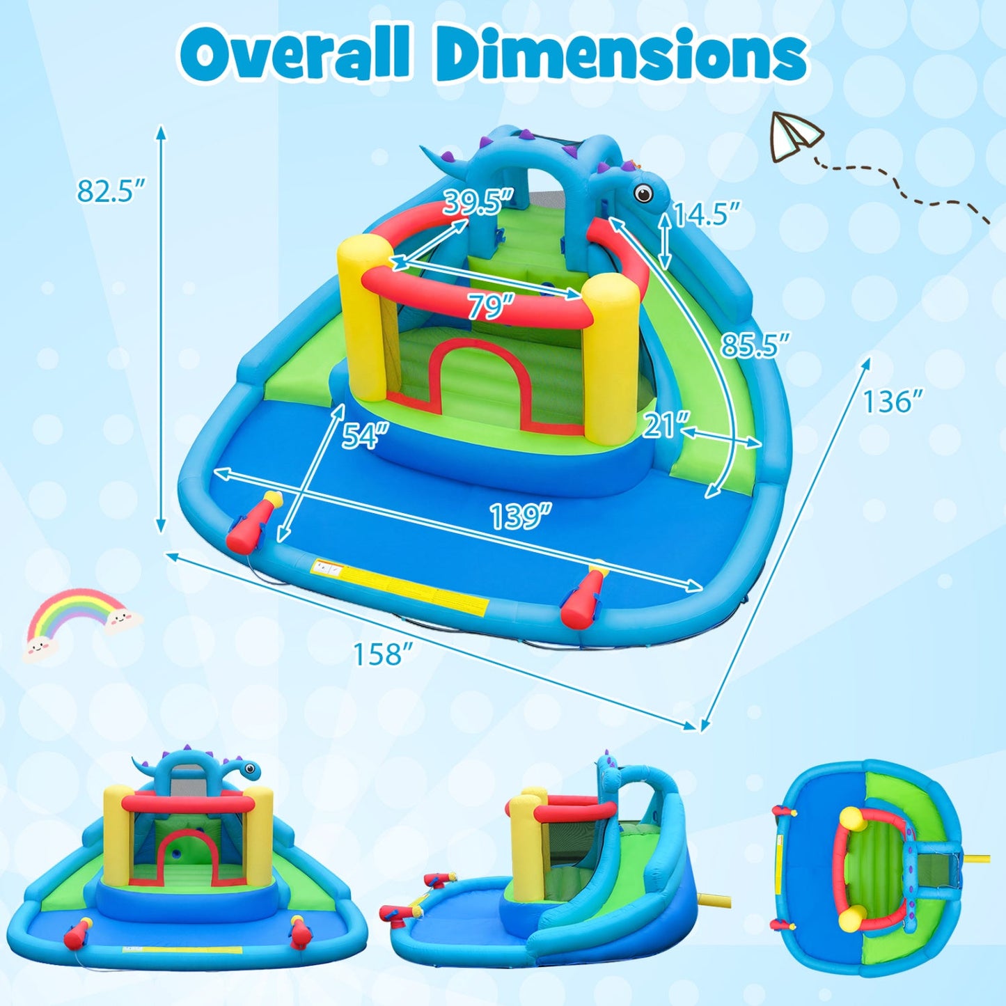 Costway Dinosaur Kids Inflatable Bounce House Water Park Double Slides 750W Blower 88214674 New