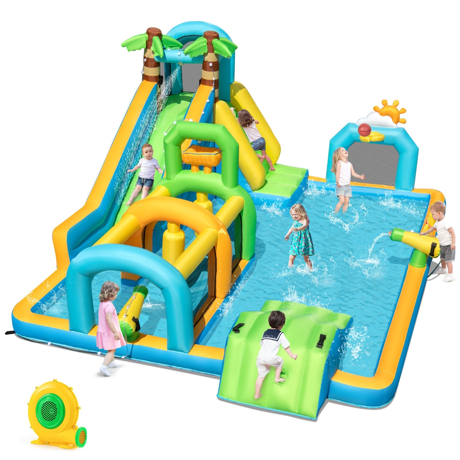 Costway Tropical Inflatable Water Slide Dual Slide Aqua Park w/ 680W Blower 942387156 New