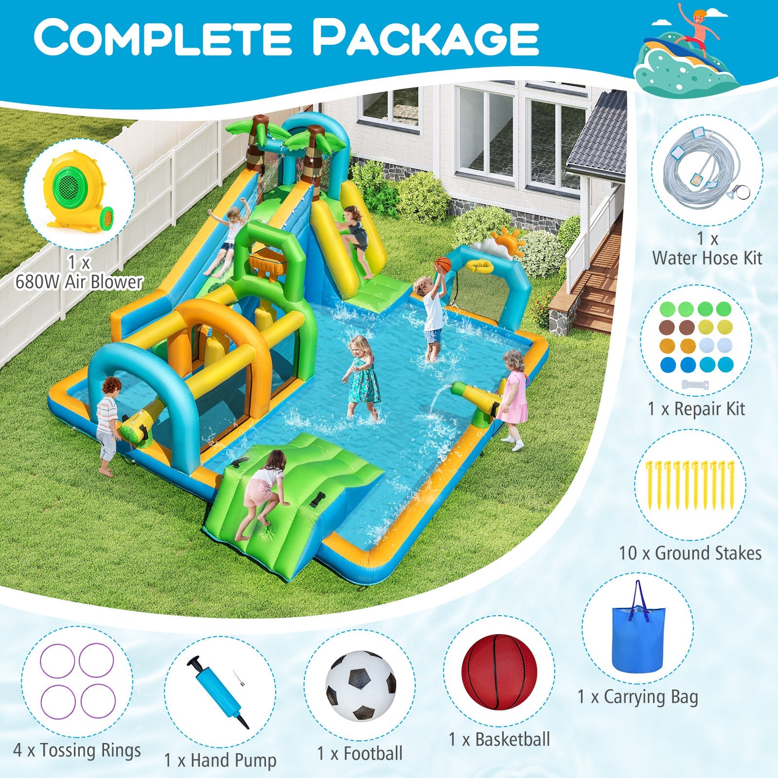 Costway Tropical Inflatable Water Slide Dual Slide Aqua Park w/ 680W Blower 942387156 New