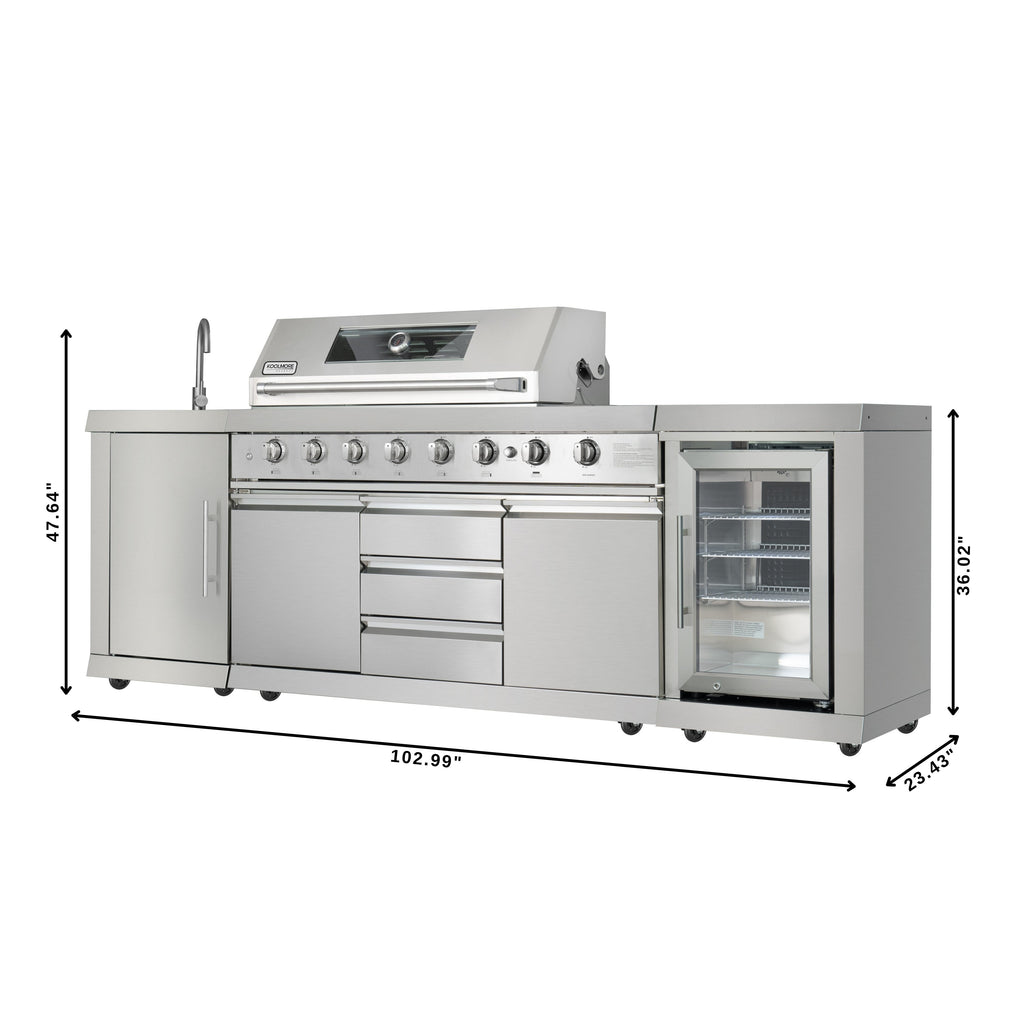 KoolMore Reserve Outdoor Kitchen Island with 6 Burner Grill and Side Burner, Sink, Storage Cabinet and Beverage Refrigerator in Stainless-Steel (KM-OKS-BQHUB)