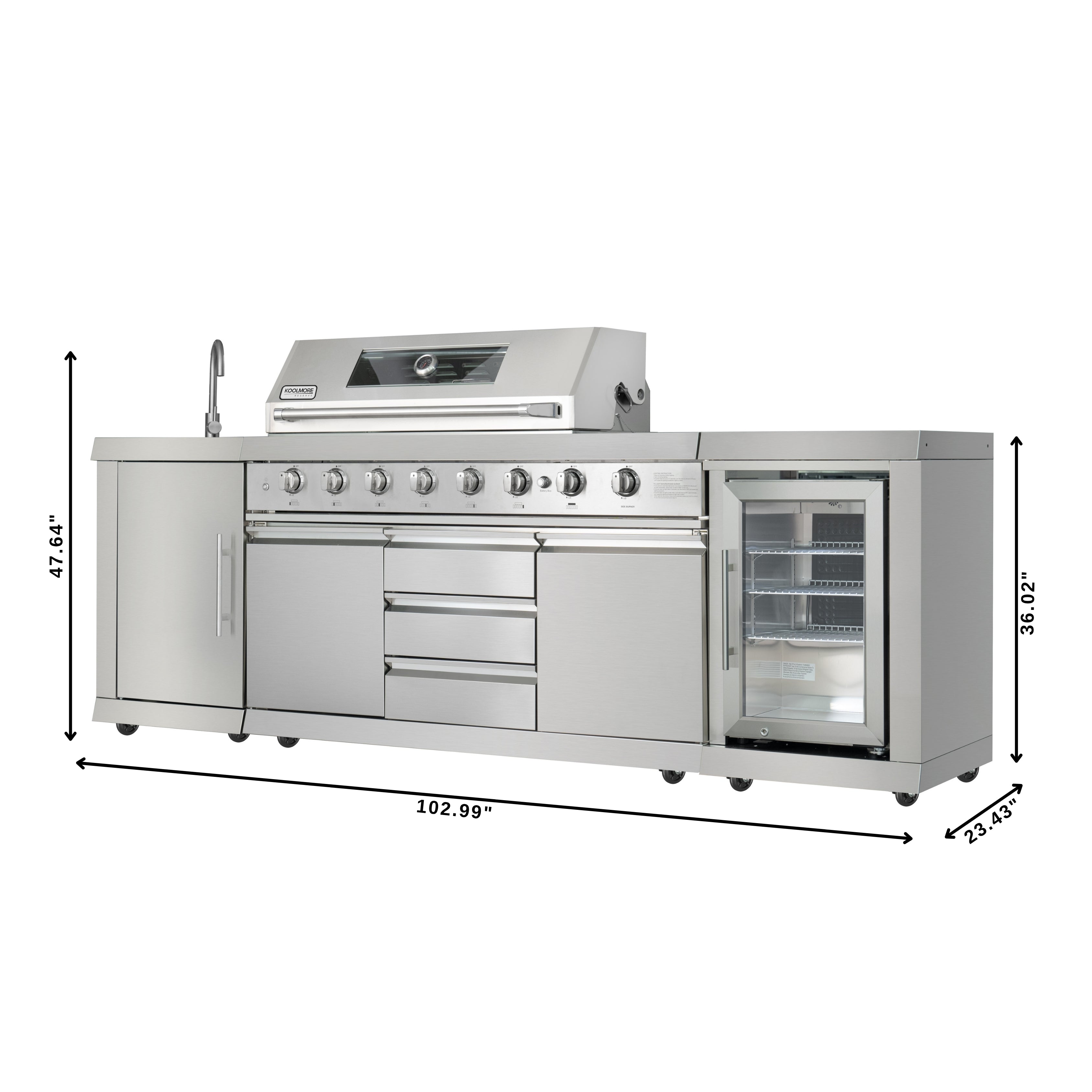 KoolMore Reserve Outdoor Kitchen Island with 6 Burner Grill and Side Burner, Sink, Storage Cabinet and Beverage Refrigerator in Stainless-Steel (KM-OKS-BQHUB)