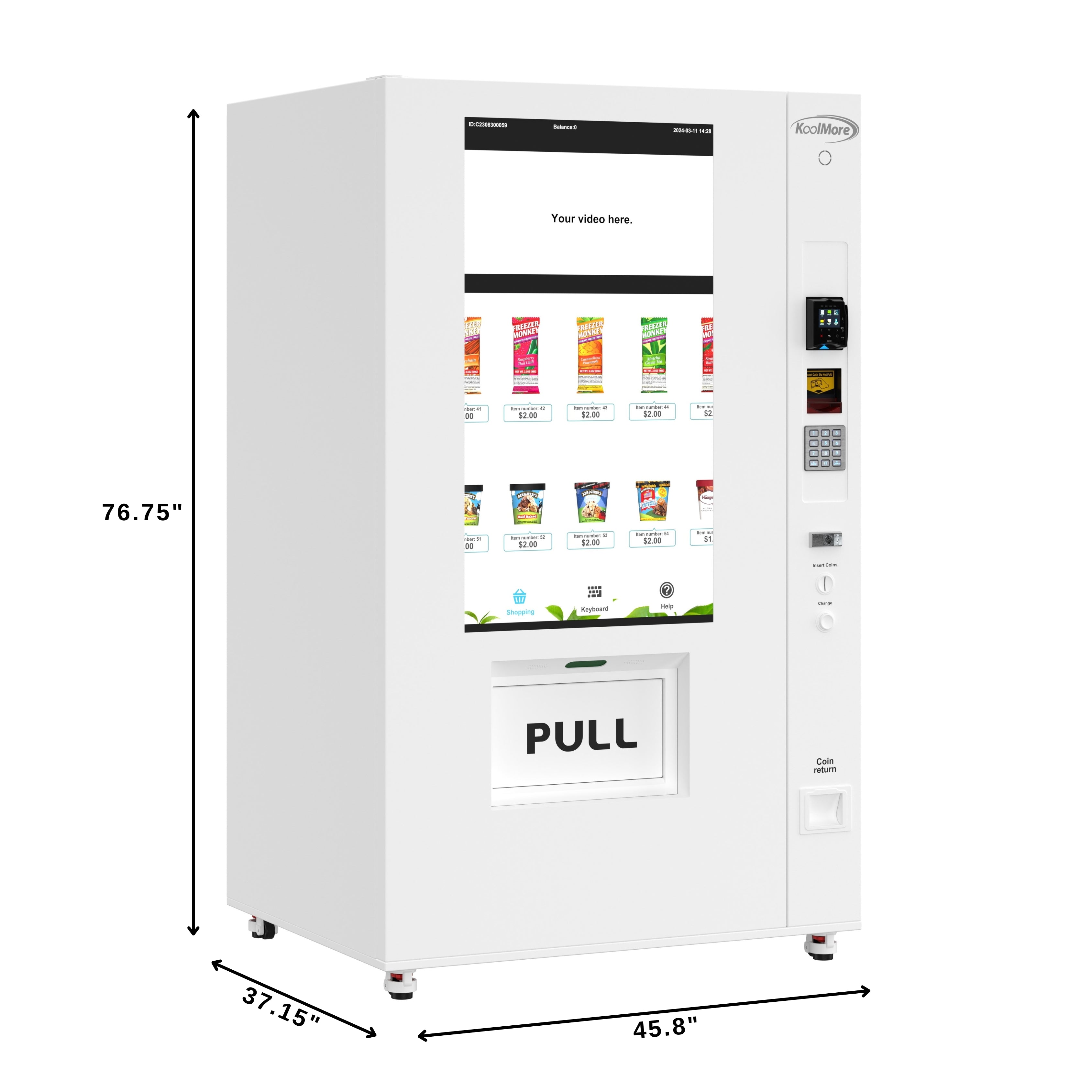 45 in. Commercial Freezer Ice Cream Vending Machine with 44 Slots, Ample 49 in. Touch Display, Bill Acceptor and Credit Card Reader in White
