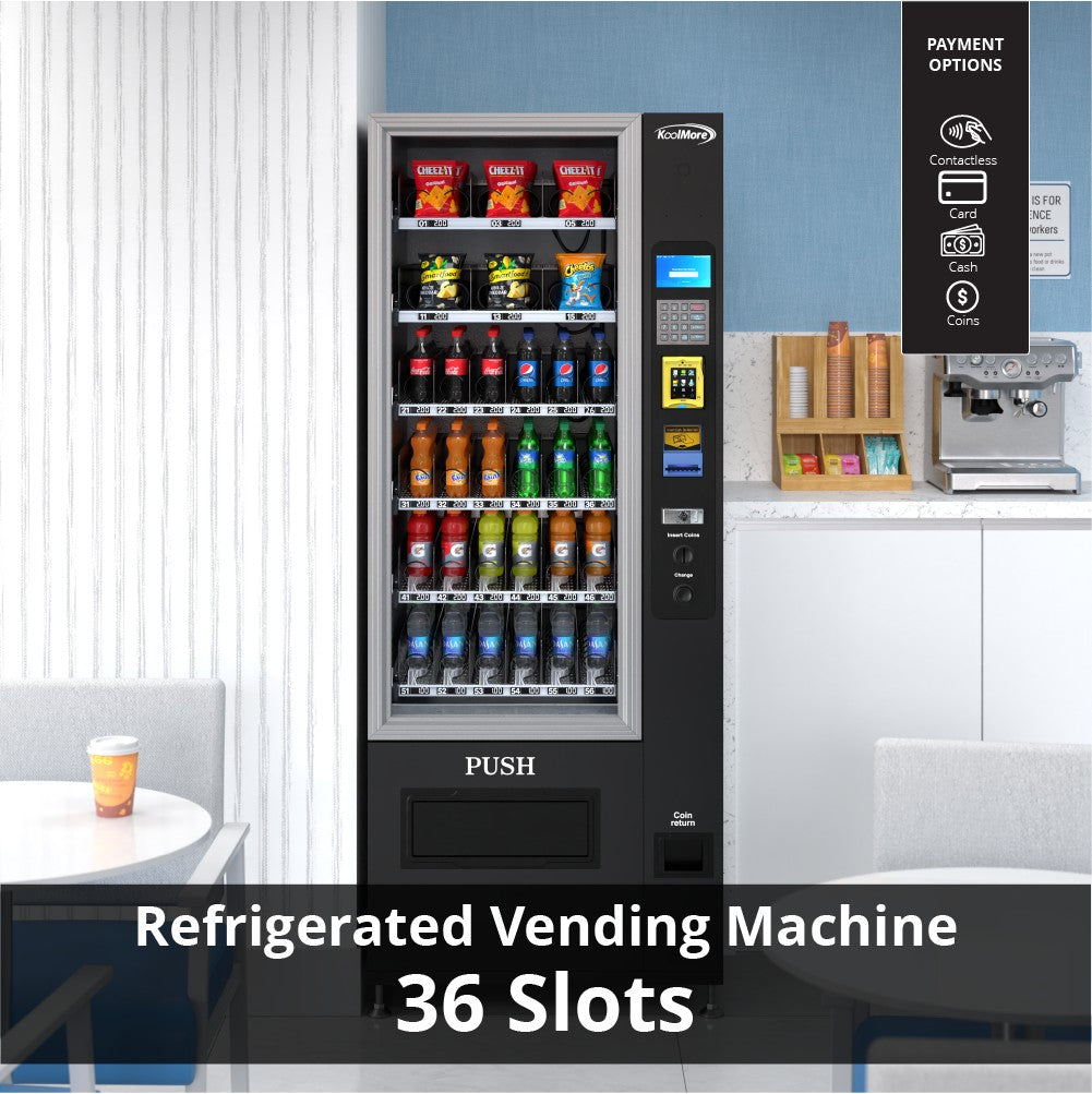 Refrigerated Snack and Drink Vending Machine with 36 Slots Featuring a Credit Card Reader and Coin/Bill Acceptor in Black
