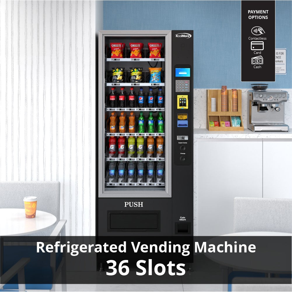 Refrigerated Snack and Drink Vending Machine with 36 Slots Featuring Credit Card Reader and Bill Acceptor in Black