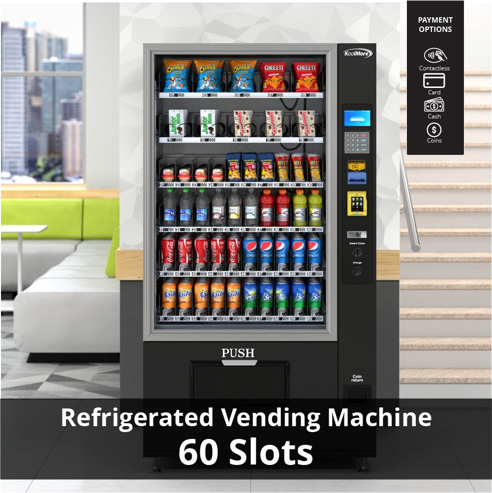 Refrigerated Snack and Drink Vending Machine with 60 Slots, Credit Card Reader and Coin/Bill Acceptor in Black