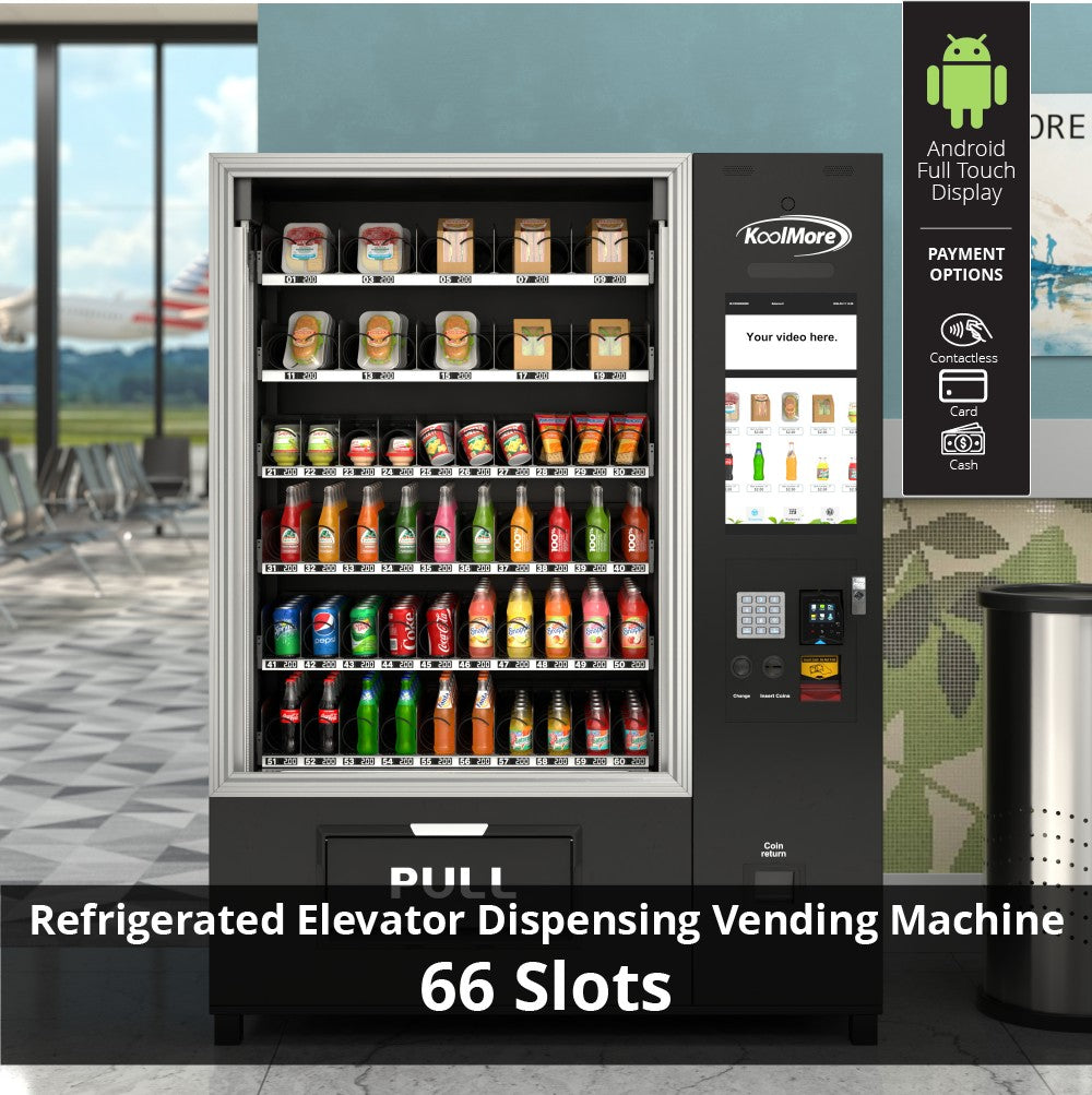 Snack Vending Machine with 21.5 Inch Touch Display, 66 Slots and Elevator-Lift Dispensing System, Refrigerated, Bill Acceptor and Credit Card Reader, Wifi and 4G Connectivity in Black - Wrap