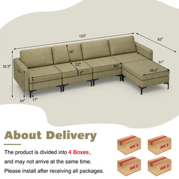 Costway Modern L-Shaped Modular Sectional Sofa Lift-Top Coffee Table 3-Globe Floor Lamp Set 21450586 New