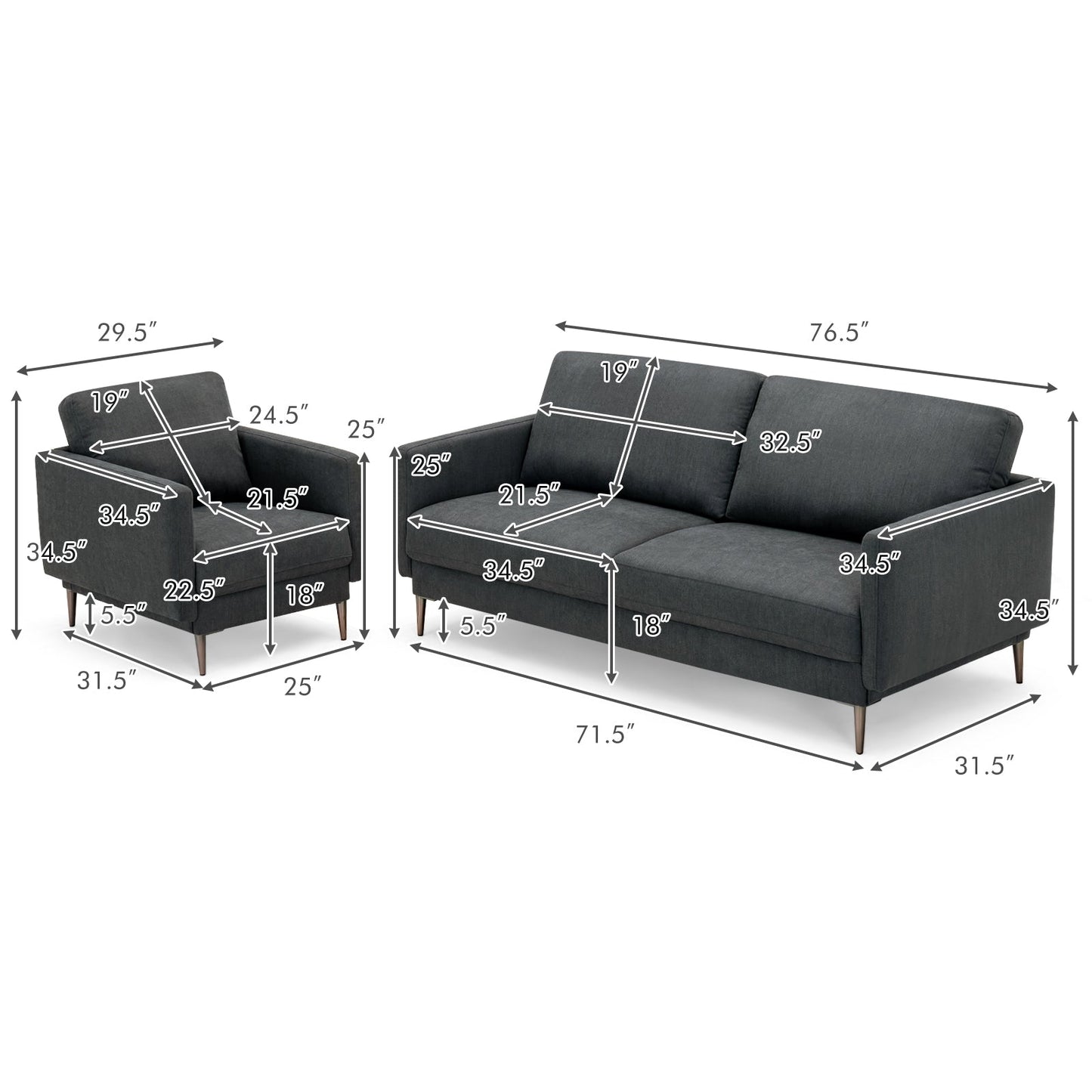 Costway Modern Sofa Couch Metal Legs Comfy Backrest Cushion 34578192 New